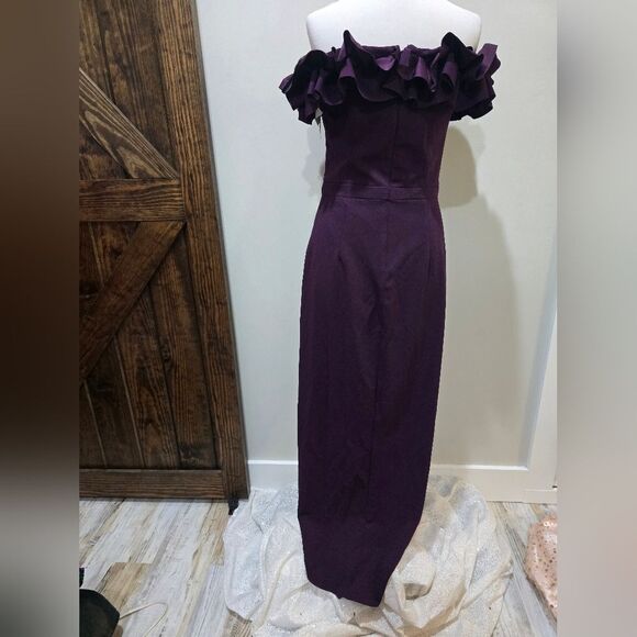 Xscape Ruffle Off Shoulder Asymmetric Midi Dress NWT Size 10 Mulberry Purple - Picture 3 of 4